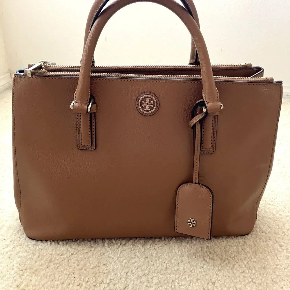 Tory Burch Double Zipper Beige/Tan Leather Tote Bag Top Handle & Strap - Picture 3 of 15